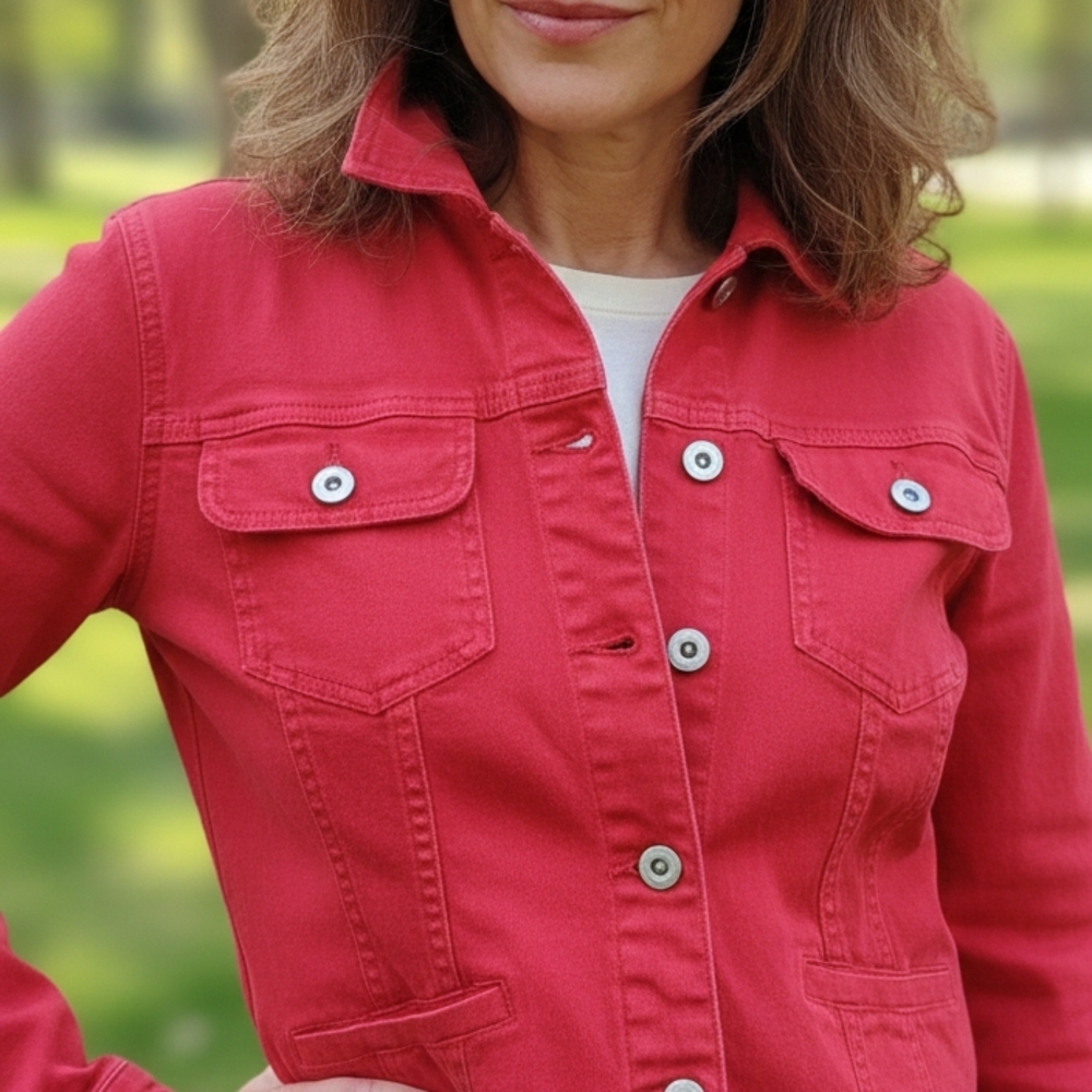 SWEET❤COTTON Fitted True Red Denim Jacket with Embroidered TieFront Pockets Sz M